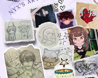 May include: A collage-style art portfolio titled "NYX'S ART PORFOLIO" with various sketches and illustrations. The artwork includes anime-style portraits, cartoon figures, and a Spiderman design. The background is a light purple with floral accents.