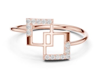 Anillo de diamantes geométricos, diseño cuadrado abierto, plata de ley u oro