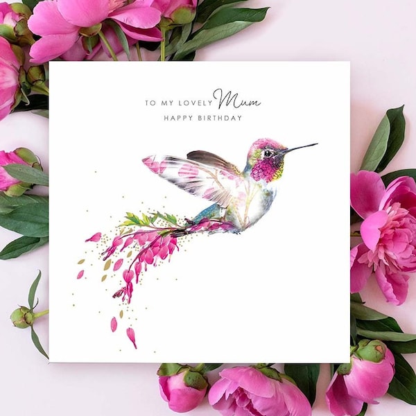 Mum Happy Birthday Card - Lovely Mum Hummingbird, Floral Design