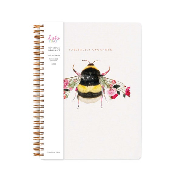 Cute Bee Spiral Bound B5 lined notebook organiser by Lola Design