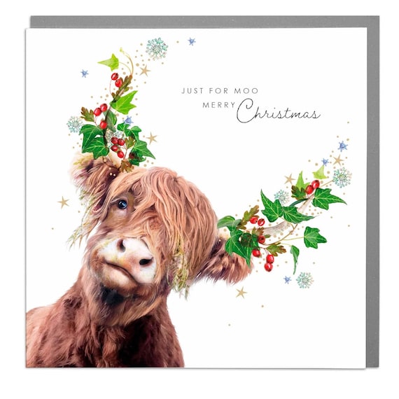Highland Cow Christmas Card with Botanical Design