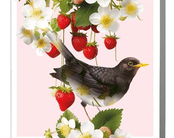 Blackbird and Strawberries Blank Art Card by Lola Design