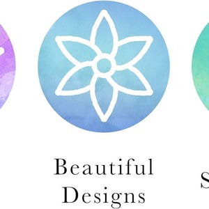 Three watercolor-style circles, purple, blue, and green, contain a star, a flower, and a leaf outline respectively.