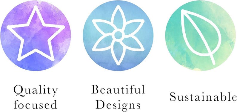 Three watercolor-style circles, purple, blue, and green, contain a star, a flower, and a leaf outline respectively.