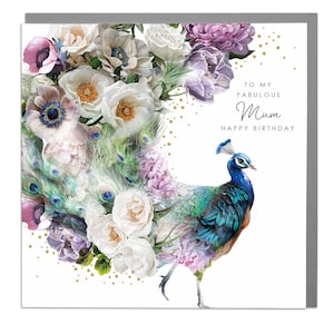 Tarjeta de feliz cumpleaños con pavo real para mamá de Lola Design