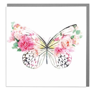 Biglietto d'auguri con farfalla rosa in bianco