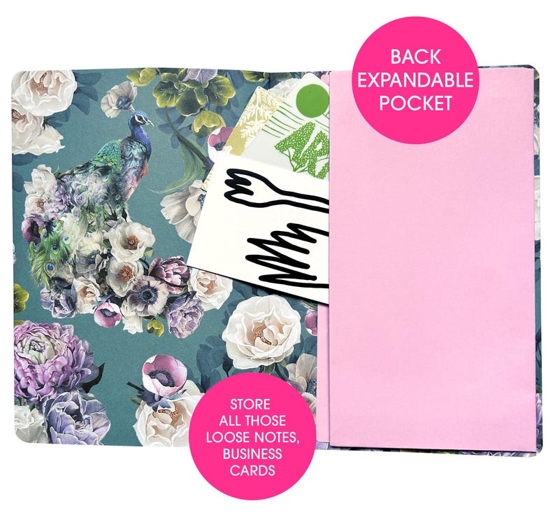 An open journal shows the inside back cover with a pink expandable pocket and a peacock and floral design on the left side.