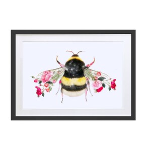 May include: A watercolor painting of a bumblebee with pink rose petals forming its wings. The bumblebee has a black and yellow striped body and a fuzzy texture. The background is white.