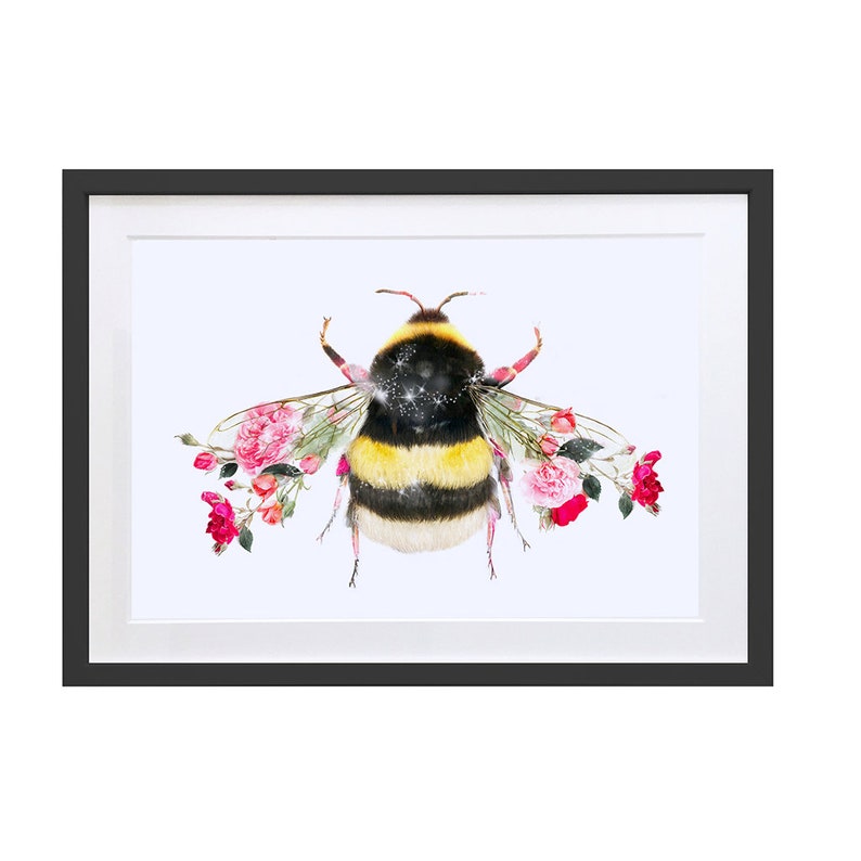 May include: A watercolor painting of a bumblebee with pink rose petals forming its wings. The bumblebee has a black and yellow striped body and a fuzzy texture. The background is white.