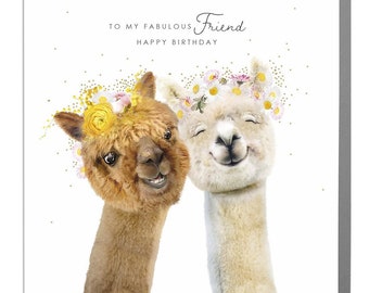 Biglietto di auguri di compleanno per l'amicizia con gli alpaca