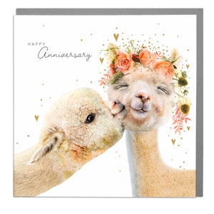 Tarjeta de felicitación con llamas y alpacas para el feliz aniversario: diseño divertido y divertido para celebrar tu amor