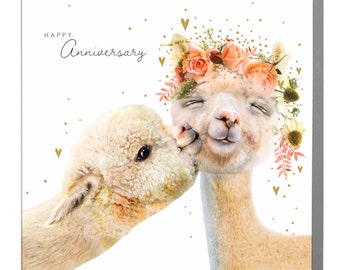 Happy Anniversary Cute Alpacas Llama Greeting Card - Whimsical and Playful Design to Celebrate Your Love