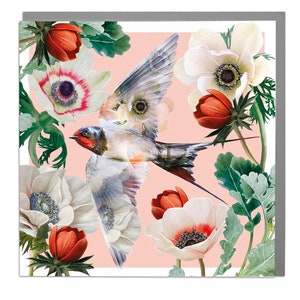 Tarjeta artística en blanco de golondrina con flores de anémona de Lola Design
