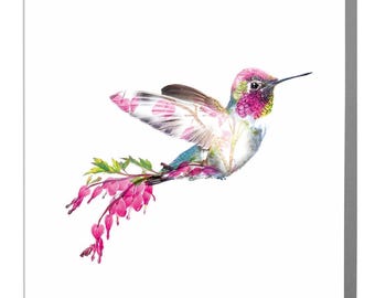 Hummingbird Card, Blank Art Greeting with Grey Envelope