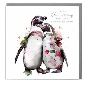 Tarjeta de felicitación de pingüinos de feliz aniversario de Lola Design