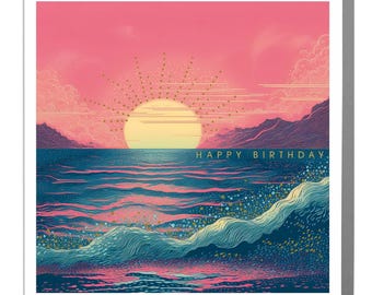 Seascape Birthday Card, Sunset Illustration with Grey Envelope
