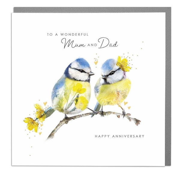 Blue Tits Mum and Dad Wedding Anniversary Card - Nature-Inspired Design, Celebratory Wishes