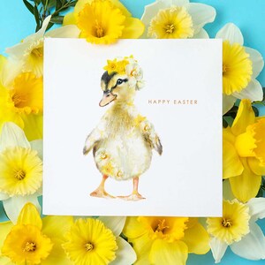 Cartão Feliz Páscoa Patinho com Narcisos