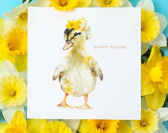Happy Easter Duckling with Daffodils greeting Card