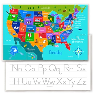 May include: A colorful map of the United States with each state labeled and illustrated with a unique icon. The map is surrounded by a blue border and includes a compass rose. Below the map is a line of uppercase letters from the alphabet, with lines for tracing each letter.