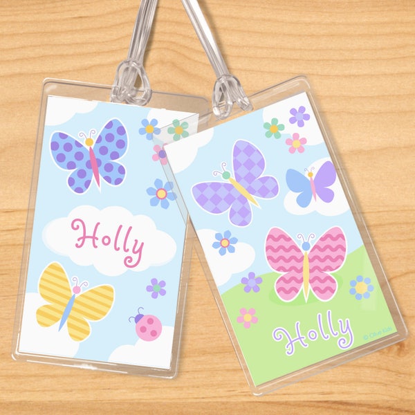 Kid's Personalized Butterfly Garden Name Tag Set, Girls Butterfly Luggage Tags, Spring Backpack Tag, Diaper Bag Tag Girls Flower Party Favor