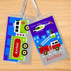 Boys Personalized Heroes Name Tag Set, Kid&#39;s Police Helicopter Name Tags, Firetruck Luggage Tags, Firefighter Backpack Tag, Diaper Bag Tag