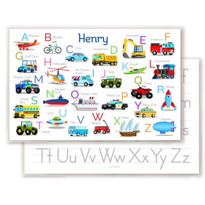 Personalized Vehicle ABC Placemat: Laminated Toddler Gift