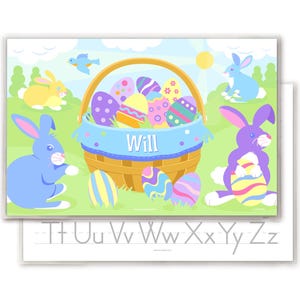 This personalized placemat for Easter features an Easter Basket, eggs and bunnies as well as your Childs name!
