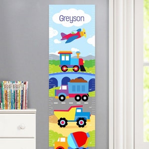 Kids Personalized Trains, Planes and Trucks Canvas Growth Chart, Boys Bedroom Decor, Nursery Wall Art