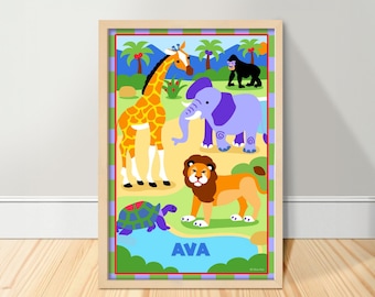 Kids Personalized Animal Art Print, Wild Animals Kids Room Poster, Jungle Nursery Decor, Custom Nursery Art