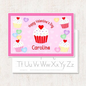 Personalized Valentines Day Cupcake Placemat, Valentines Kids Cupcake Placemat, Childrens Custom Valentine Gift, Holiday Decoration image 1