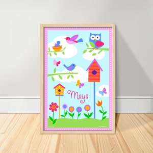 Kids Personalized Bird Art Print, Spring Kids Room Art, Nursery Decor, Kids Garden Print, Girls Nursery Decor