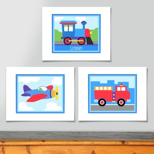 Kids Personalized Trains, Planes & Trucks Unframed Art Prints, Set of 3, Kids Wall Art, Nursery Wall Decor