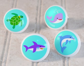 Pomos de cajón de animales del océano para niños, pomos de cajón de cerámica, pomos decorativos (individuales y juegos de 4), decoración de dormitorio infantil, decoración de guardería