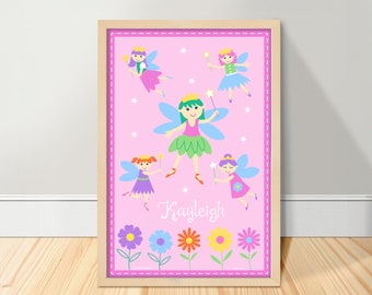 Kids Personalized Fairy Princess Art Print, Fairies Kids Room Art, Magical Nursery Decor, Pink Girls Print, Children's Poster