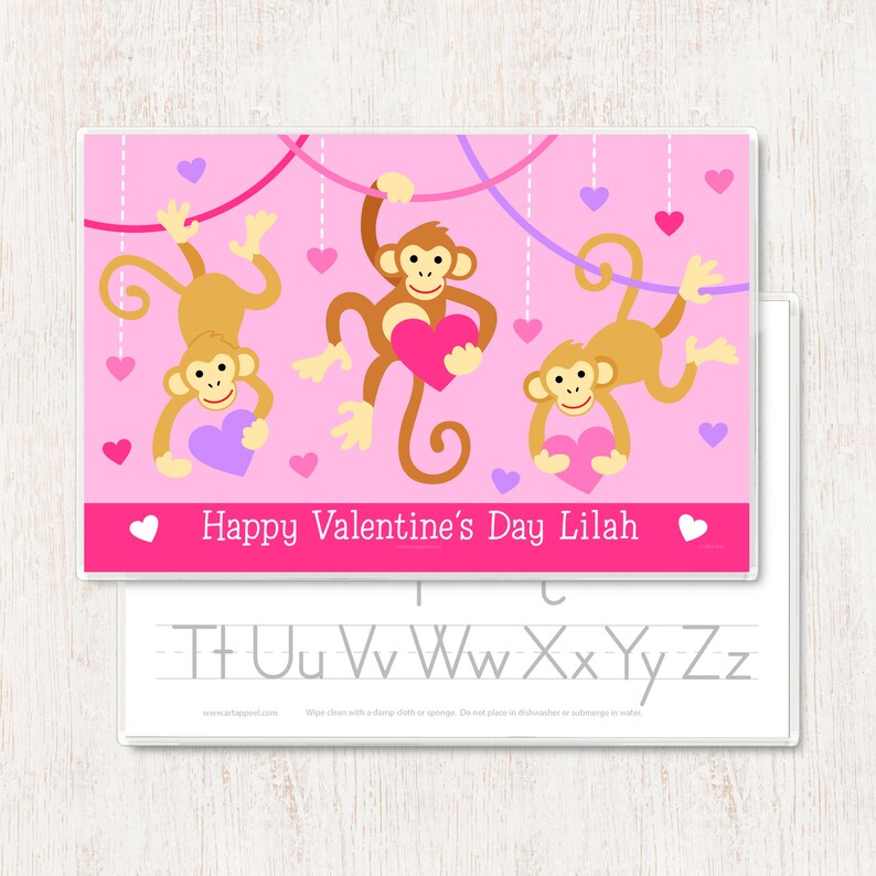 Kids Personalized Valentines Day Placemat, Cute Valentines Monkeys, Laminated Holiday Placemat, Kids Mealtime Placemat image 1