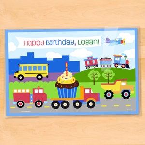 Personalized Birthday Placemat, Trains Planes and Trucks,  Boys Laminated Birthday Party Placemat, Kids Birthday Party Placemat, Custom Gift