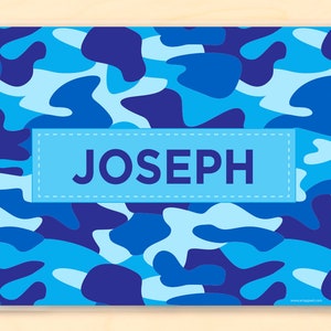 Blue Camo Personalized Placemat for Kids, Custom Camo Placemat for Children, Laminated Camo Placemat