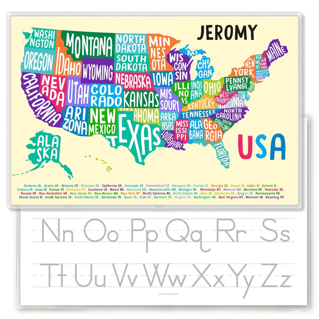 Personalized Kids USA Map Placemat for Kids Educational Laminated Homeschool Placemat State