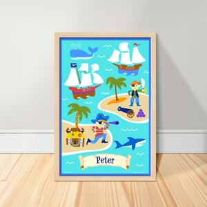 Boys Personalized Pirate Art Print, Pirate Ship Kids Room Art, Custom Nursery Decor, Kids Pirate Poster.
