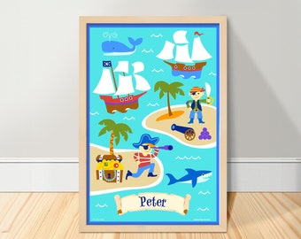 Boys Personalized Pirate Art Print, Pirate Ship Kids Room Art, Custom Nursery Decor, Kids Pirate Poster.