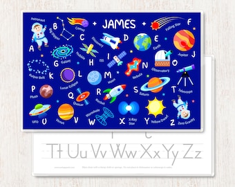 Outer Space Alphabet Personalized Placemat for Kids, Toddler Rocket Placemat, Laminated Place Mat, Custom Kid Placemat