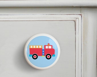 Fire Engine Ceramic Drawer Knobs, Olive Kids Trains Planes and Trucks Knobs, Set of 2, Fire Truck Knob, Kids Drawer Pull, Boys Dresser Knobs