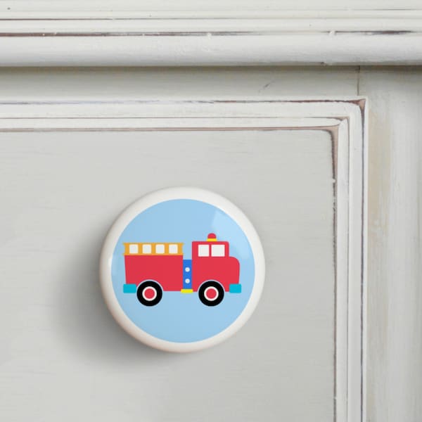 Fire Engine Ceramic Drawer Knobs, Olive Kids Trains Planes and Trucks Knobs, Set of 2, Fire Truck Knob, Kids Drawer Pull, Boys Dresser Knobs