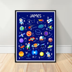 Personalized Outer Space Alphabet Kids Art Print, Space Alphabet Poster, ABC Nursery Poster