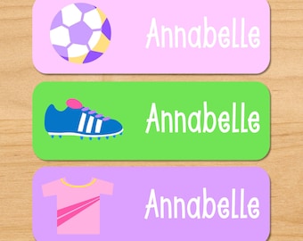 Etiquetas de nombres impermeables de fútbol para niñas, etiquetas personalizadas de guardería de fútbol, etiquetas de biberones de fútbol, etiquetas de escuelas de fútbol, apto para lavavajillas