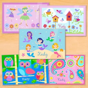 Girls Personalized Placemats, Laminated Mealtime Placemat Set of 5, Mermaids Placemat, Fairy Princess Placemat, Birds Placemat, Owl Placemat