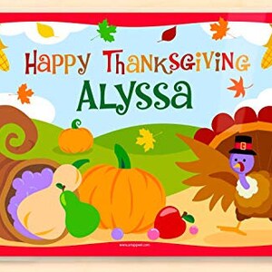 Thanksgiving Place with a turkey , cornucopia with vegetables and pumpkin, on a fall scene background.