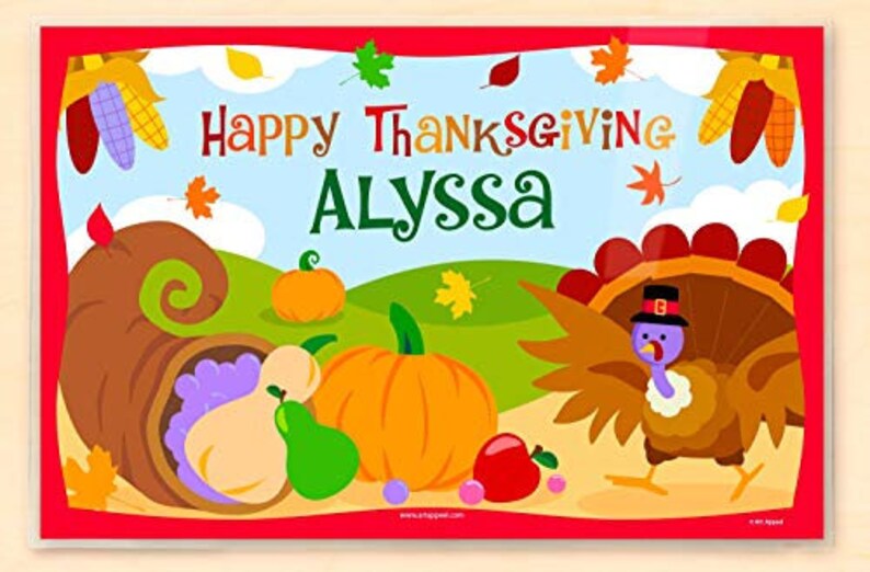 Thanksgiving Place with a turkey , cornucopia with vegetables and pumpkin, on a fall scene background.