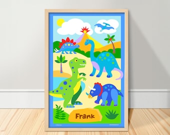 Personalized Dinosaur Art Print, T-Rex Kids Room Art, Nursery Decor, Prehistoric Kids Print, Children's Dino Poster, Boys Room Decor